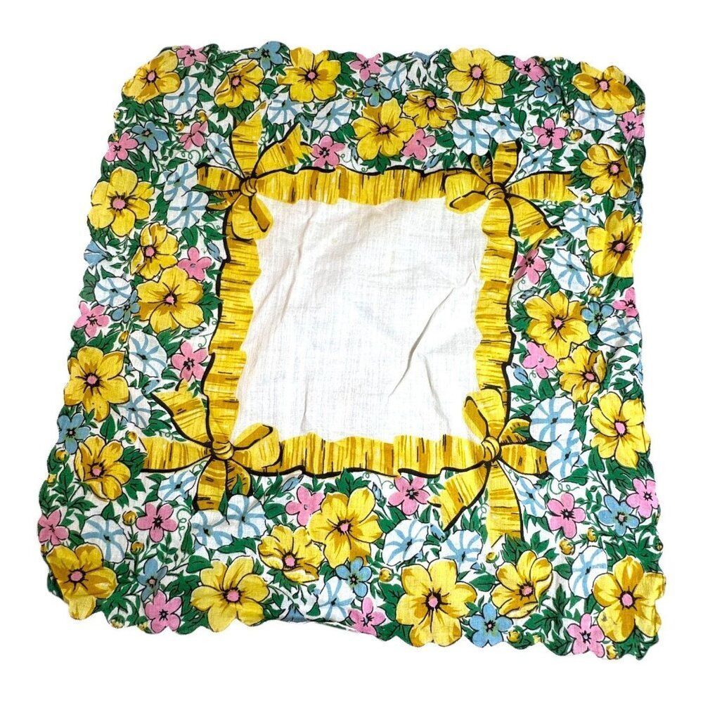 Vintage Floral Handkerchief Yellow & Pink Flowers On White Spring Summer Bright
